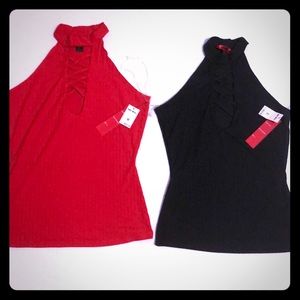 NWT Hot Kiss red & black lace up tank top